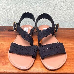 Chelsea & Zoe Perforated Black Flat Open Toe Sandals  size 7.5 NWOT